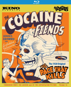 Blu-ray cover for "The Cocaine Fiends" with an illustration of a skull, dollar sign, and people. Text emphasizes "Senses drowned in forbidden pleasures" and includes "The Pace That Kills" and "The 1928 Original".