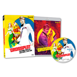 A Blu-ray set of the movie "Crossplot" featuring the case, disc, and cover art with images of a man in a white suit, a woman in a green dress, and various colorful backgrounds.