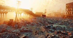 Which Zombie Apocalypse Would Be Easiest To Survive? A post-apocalyptic landscape with collapsed bridges, destroyed buildings, and overturned cars at sunset.