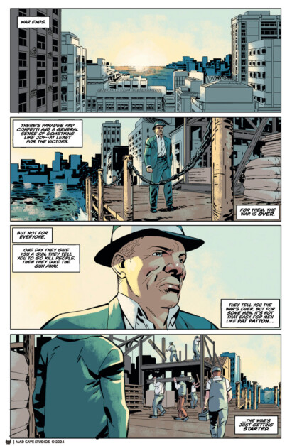 A comic page showing a cityscape, a man walking along a pier, and another man standing with a crowd. Text boxes narrate about shadows, raindrops, and memories, ending with "In the wake of things we started.