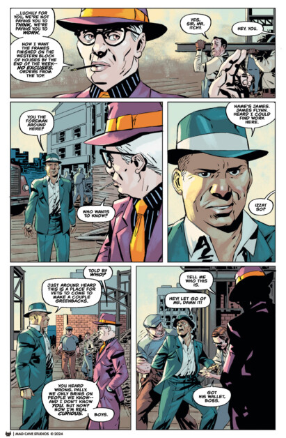 A comic book page showing two men in a conversation outdoors. The man in a purple suit, hat, and glasses talks to a man in a gray suit, black hat, and brown gloves, while others are present in the background.
