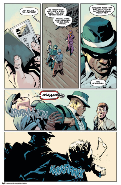 A comic page shows detectives confronting a maniacal figure. A fight ensues, leading to intense close-combat action. The scene is dramatic with shouts and sound effects illustrating the conflict.