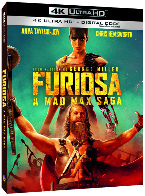 Cover of a 4K Ultra HD + Digital Code edition for the movie "Furiosa: A Mad Max Saga" featuring two characters—one holding a sword and the other holding an axe, with a fiery backdrop.
