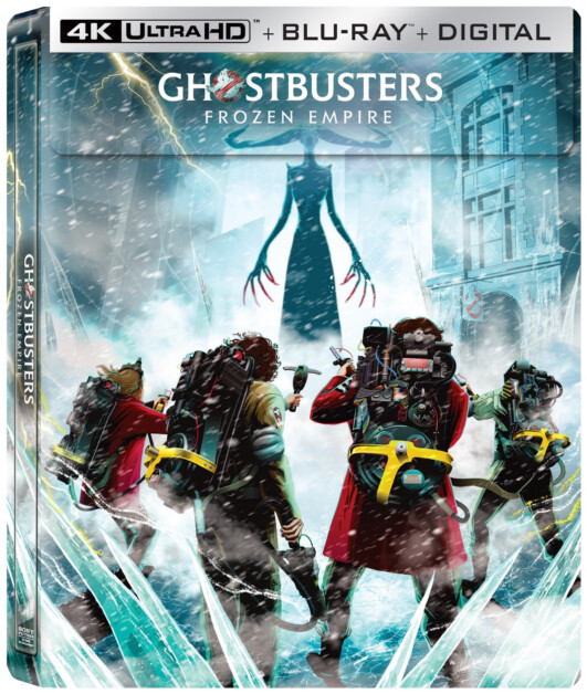 Cover image of the Ghostbusters: Frozen Empire 4K Ultra HD + Blu-ray + Digital set, featuring Ghostbusters facing a large spectral figure amidst a snowy, ice-covered environment.