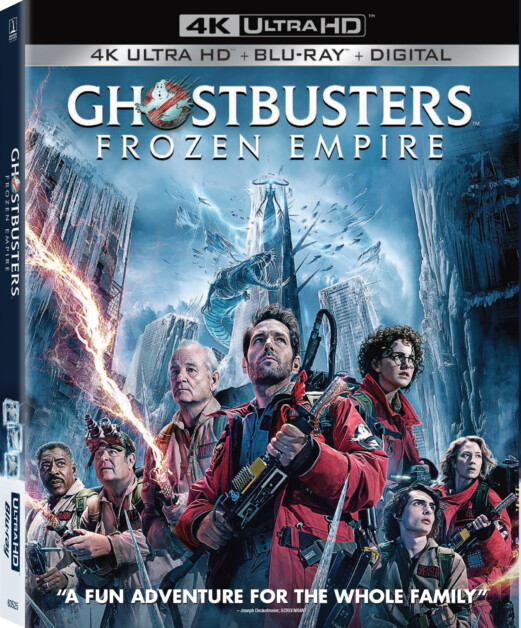 Cover of "Ghostbusters: Frozen Empire" 4K Ultra HD, Blu-ray, and digital edition, featuring the main characters in Ghostbusters uniforms with icy, urban background elements.
