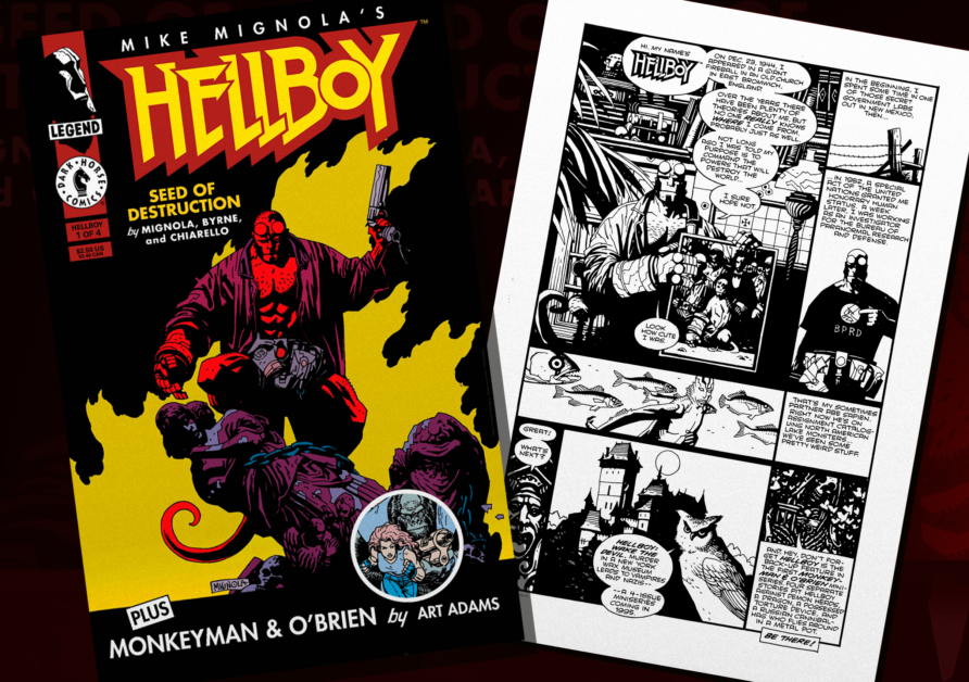 Cover and a black-and-white page of "Hellboy: Seed of Destruction" comic book, showing Hellboy in red on the cover and a comic strip inside.