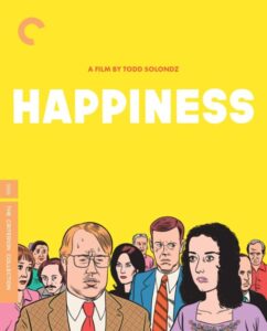 Cover art for the film "Happiness" by Todd Solondz, featuring illustrated characters against a yellow background with the Criterion Collection label on the side.