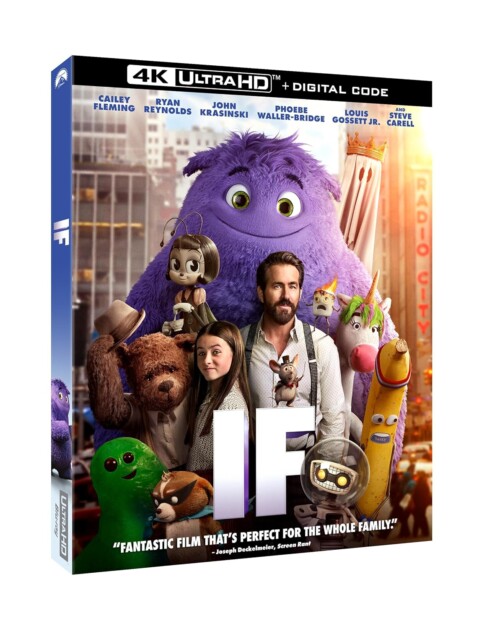 4K Ultra HD DVD cover of the movie "IF" featuring animated and live-action characters, including a man, girl, and various colorful creatures in front of a city backdrop.