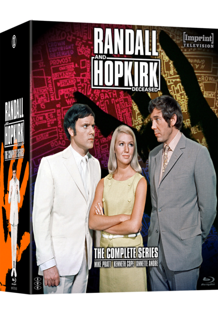 Cover of "Randall and Hopkirk (Deceased): The Complete Series" Blu-ray set. Features three characters from the show with colorful, illustrated background and text announcing the series title and cast names.