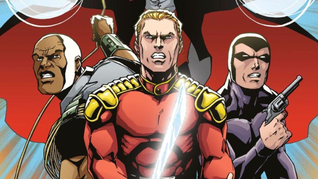 Three muscular, costumed characters stand ready for action against a red background. The central figure in red wields a glowing sword, while the others hold different weapons and wear serious expressions.