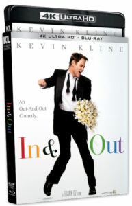 Cover of the 4K Ultra HD Blu-ray for the film "In & Out," featuring Kevin Kline holding flowers with text "An Out-And-Out Comedy.