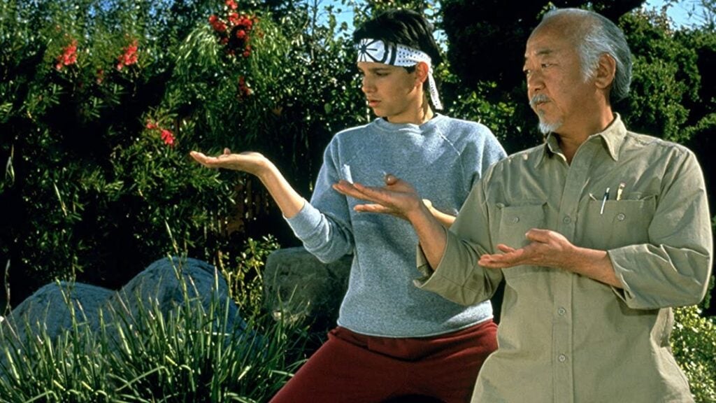 Two individuals, one in a headband and sweatshirt, the other in a beige shirt, stand outdoors in a garden setting, mirroring each other's hand positions in what appears to be a martial arts pose.