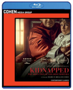 Blu-ray cover of "Kidnapped," featuring an image of a man in red attire holding a child. The film is directed by Marco Bellocchio and distributed by Cohen Media Group.