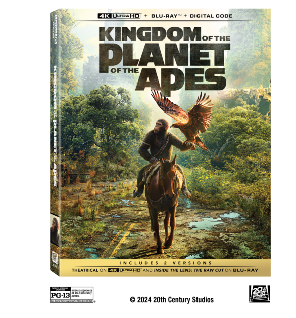DVD cover of "Kingdom of the Planet of the Apes." Features an ape riding a horse holding an eagle in a lush, overgrown cityscape. Includes 4K Ultra HD, Blu-ray, and Digital Code with two versions.