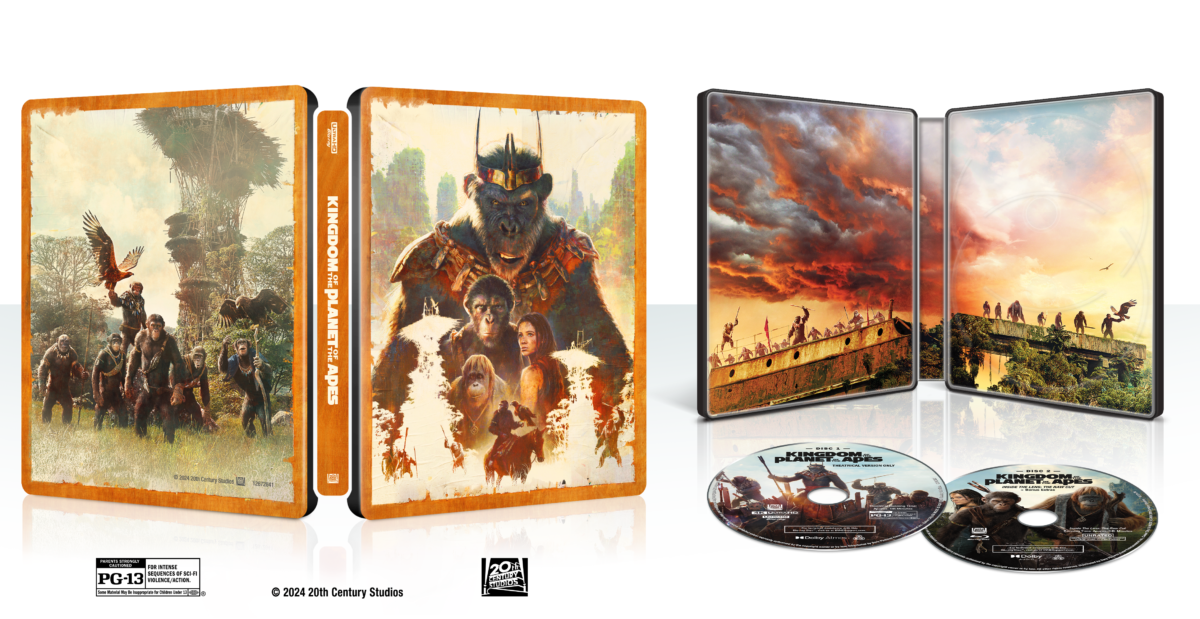Steelbook case and Blu-ray disc set of "Kingdom of the Planet of the Apes" with cover art depicting apes and humans in a post-apocalyptic setting. Includes two discs and interior artwork.