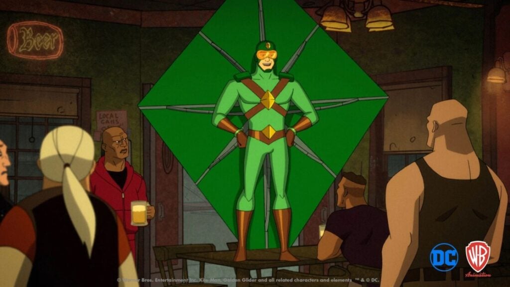 A man in a green superhero costume stands confidently in the center of a bar with patrons around him, holding drinks. The scene is from an animated series by DC and Warner Bros.