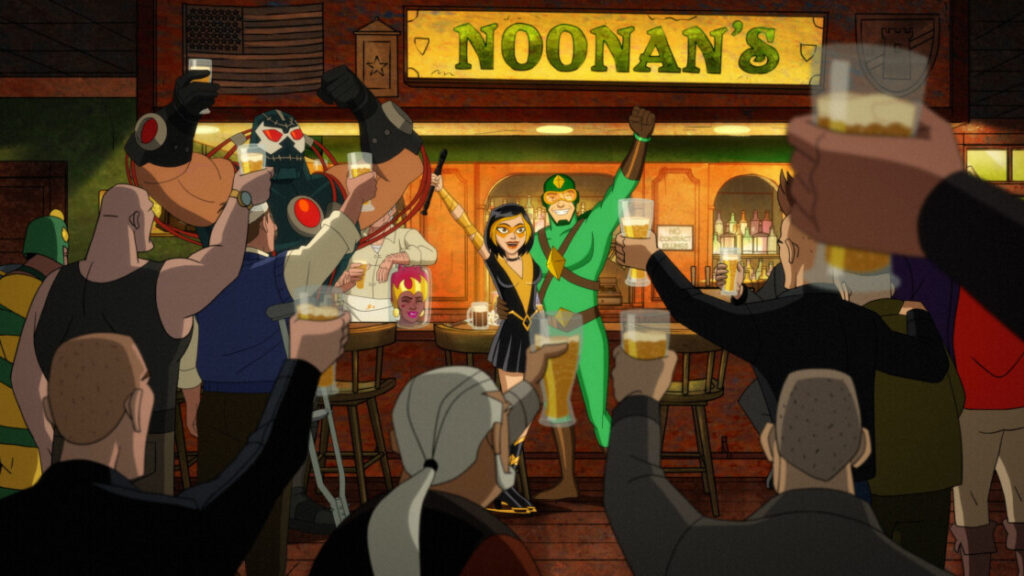 A diverse group of animated characters raising glasses in a bar named Noonan's, with two individuals standing in the center holding a celebratory pose.