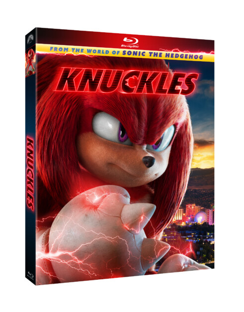 Blu-ray cover of "Knuckles" featuring the character Knuckles with a serious expression, set against a cityscape background with a lightning effect in the foreground.
