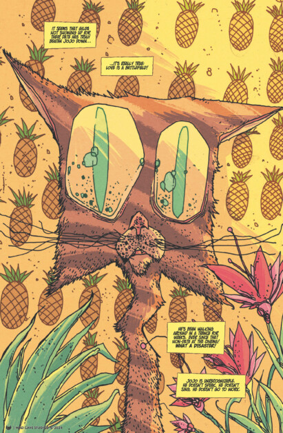 A cartoon cat with large eyes stands surrounded by pineapples and tropical plants. Text boxes contain various dialogue about mixing cats and pineapples. The background is yellow and patterned with pineapples.