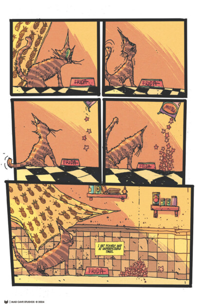 A comic strip depicting a cat in a kitchen labeled "Frida." The cat knocks over a container of food labeled "Mobil" and proceeds to eat the spilled food. Shelves and items are seen in the background.