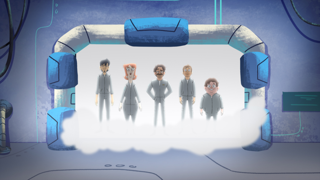 Five animated characters stand in a futuristic, metallic room, emerging from a cloud of white mist. They appear to be in uniform and are facing forward.