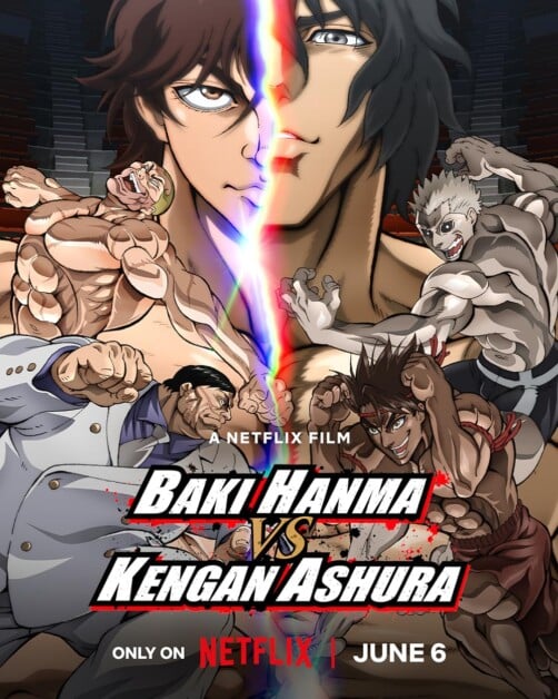 Promotional poster for "Baki Hanma vs Kengan Ashura," a Netflix film, showing animated muscular characters in combat stances with a split background and release date of June 6.