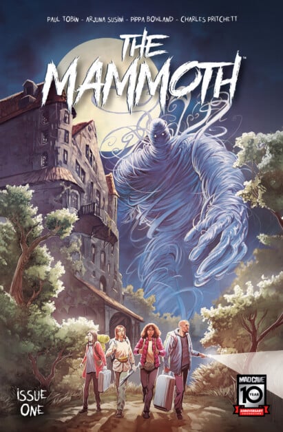 Comic book cover featuring four people carrying luggage, walking towards a large, spooky house. A ghostly figure titled "The Mammoth" is shown floating above the house.