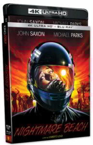Cover of the 4K Ultra HD Blu-ray release of the film "Nightmare Beach" showing an illustration of a person in a motorcycle helmet with a beach scene at sunset in the background.