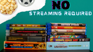 A collection of physical media including DVDs, Blu-rays, and VHS tapes in front of a green background with "NO STREAMING REQUIRED" text, next to a bowl of popcorn and a film reel.