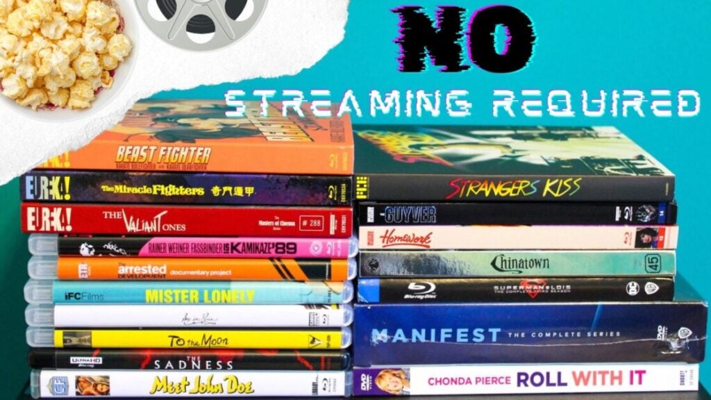 A stack of various DVD cases with a bowl of popcorn and film reel in the top left corner. Text at the top reads "No Streaming Required.