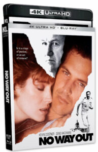 4K Ultra HD Blu-Ray cover of the movie "No Way Out" showing two main characters in an embrace, with another character above them and a smaller figure running in the background. Tagline: "Is it a crime of passion, or an act of treason?.
