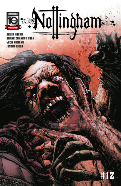 Comic book cover for "Nottingham #12" shows a distressed person being attacked by a clawed hand. The title and creators' names are displayed at the top. The background features splashes of red and white.