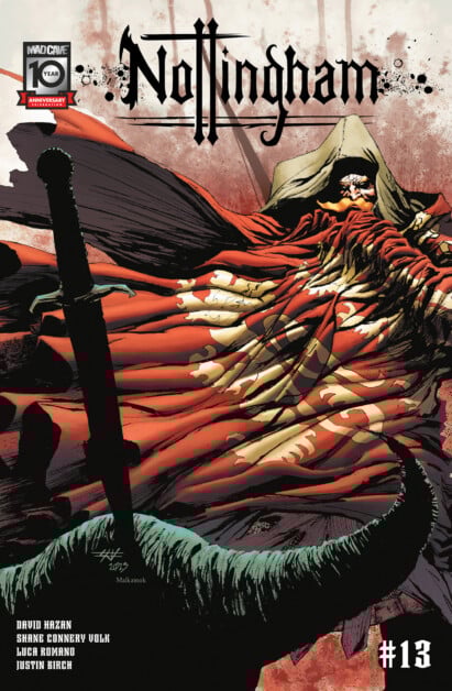 Cover of "Nottingham" comic issue #13 depicting a cloaked figure holding a sword, surrounded by tattered red and white banners. The creators' names are listed at the bottom right.