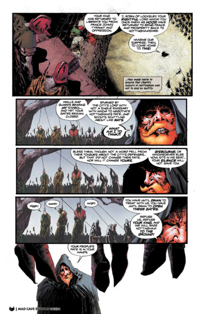 A comic page showing two characters conversing about hung captives. One character is robed and sinister-looking, with the scene set against a backdrop of hanging bodies. Tense and ominous atmosphere.