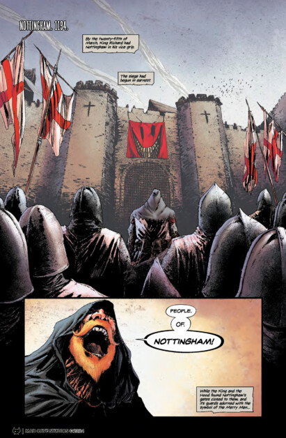 A crowd of armored figures stands before a medieval fortress adorned with banners, led by a dark-robed figure with a bear-like snout exclaiming, "People of Nottingham!.