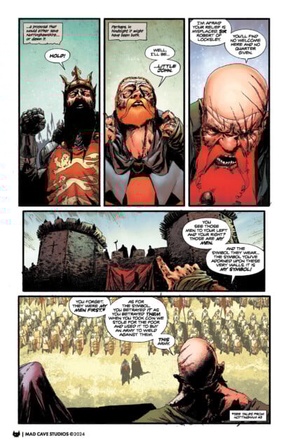 Four comic panels depict a conversation between two armored characters in a medieval setting, followed by a scene of a large tent and an army. Dialogue involves terms of surrender.