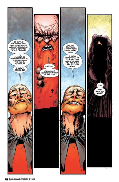 A comic strip featuring a dialogue between two characters, one wearing a dark hood and the other with red hair. The hooded character appears at the last panel with the text "Oh? What? Your father?.
