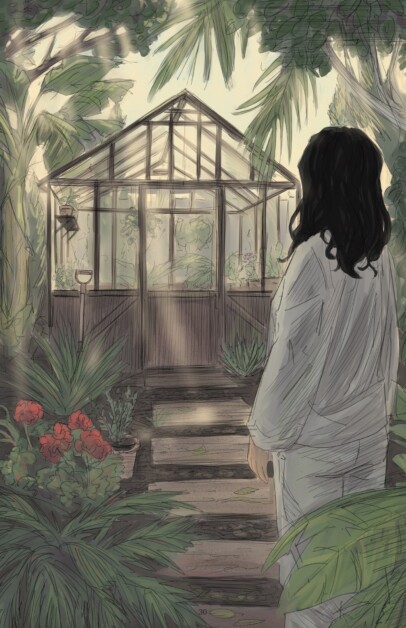 A person with long dark hair in a white robe stands on a stone path leading to a greenhouse surrounded by lush greenery and flowers. Sunlight filters through the trees and greenhouse glass.