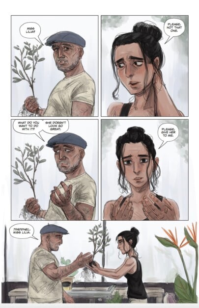A comic page showing an interaction between a worried young woman and an older man holding a plant. The woman asks the man not to use the plant, and he sternly tells her it has lost its grace.