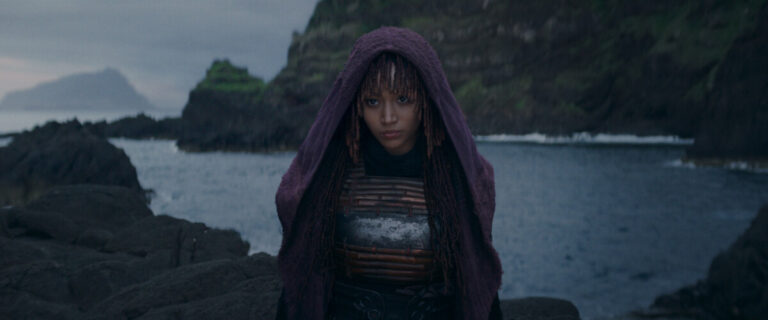 Person wearing a purple hooded cloak stands on a rocky shore with ocean waves and cliffs in the background, gazing directly at the camera.