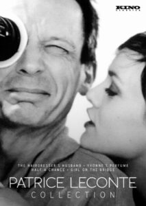 Black-and-white image showing a focused man looking through a film camera lens, with a woman close beside him. Text: "The Hairdresser's Husband, Yvonne's Perfume, Half a Chance, Girl on the Bridge. Patrice Leconte Collection.
