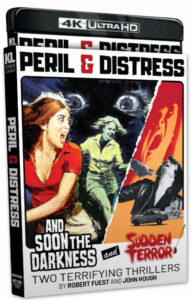 Cover of a 4K Ultra HD movie set titled "Peril & Distress," featuring posters for "And Soon the Darkness" and "Sudden Terror," with scenes of frightened characters and ominous imagery.
