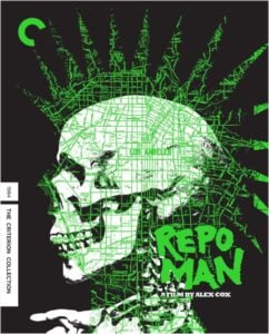 Cover of the film "Repo Man" featuring a green skull overlaid with a map of Los Angeles. Text includes "Repo Man" and "A Film by Alex Cox." The Criterion Collection spine is labeled "1984.