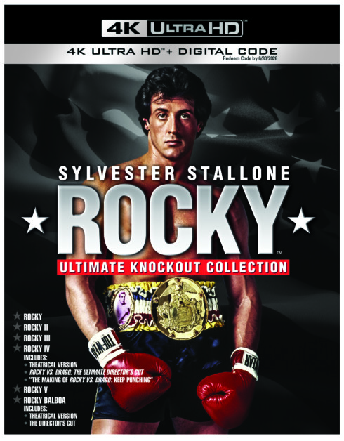Cover image of "Rocky Ultimate Knockout Collection" 4K Ultra HD featuring Sylvester Stallone wearing boxing gloves and a championship belt against a black background with an American flag.