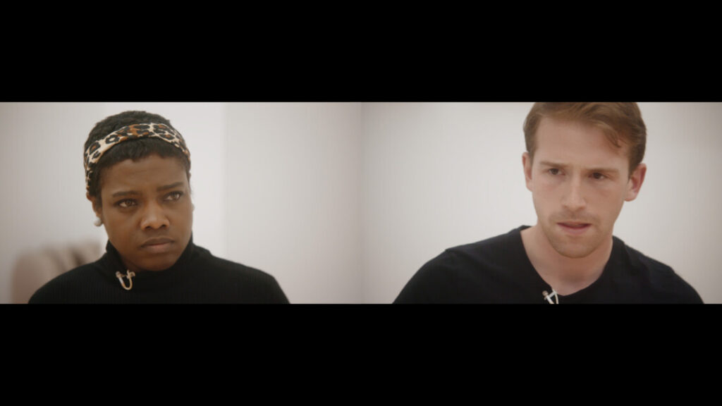Two individuals, one wearing a headband and the other in a plain shirt, are in a split-screen frame, both appearing focused.