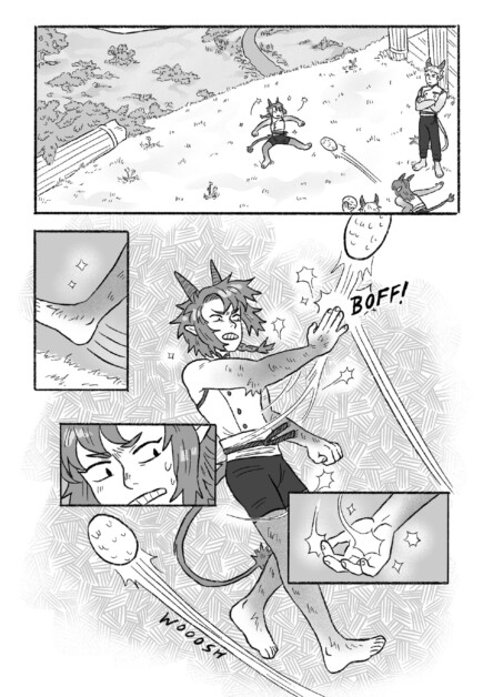 A horned character with tail is hit by a water balloon in a comic scene, lying on the ground. Other characters are seen in the background engaging in a similar water balloon fight.