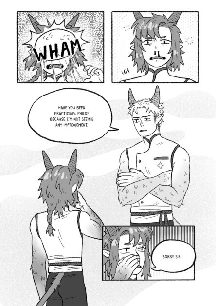 A horned character hits their face with a book. Another character, also with horns, crosses arms and asks if the first character has been practicing. The first character apologizes, looking distressed.