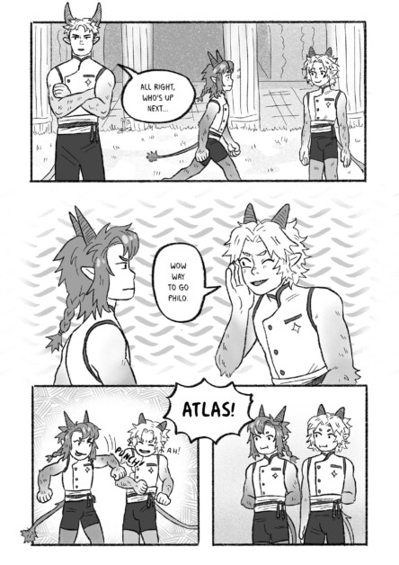 Three anthropomorphic characters with cat-like features have a conversation in a field. One flexes his muscles, another praises him, and the third, named Atlas, joins the conversation in excitement.