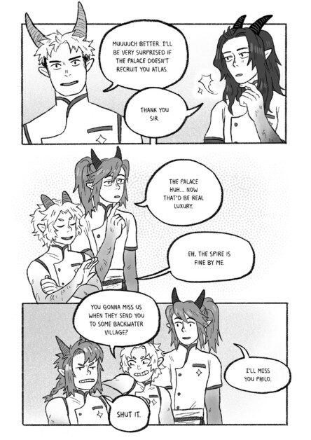 A group of characters with horns are talking. One character mentions the possibility of being recruited by a palace, while others discuss their feelings about being sent to a backwater village.