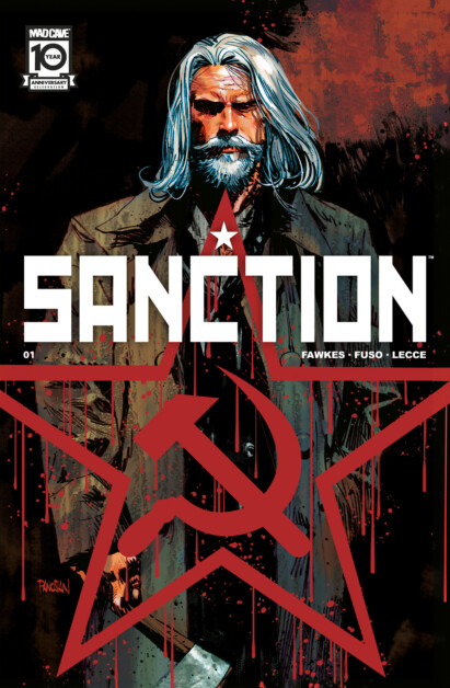 Comic book cover for "Sanction" featuring a man with long grey hair and beard, wearing a coat. A red star with a hammer and sickle symbol overlays the image.